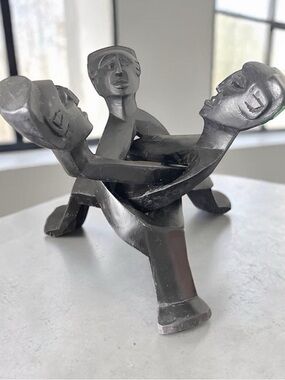 Vintage African Unity Sculpture - Interlocking Three-Figure Black Wood 11”